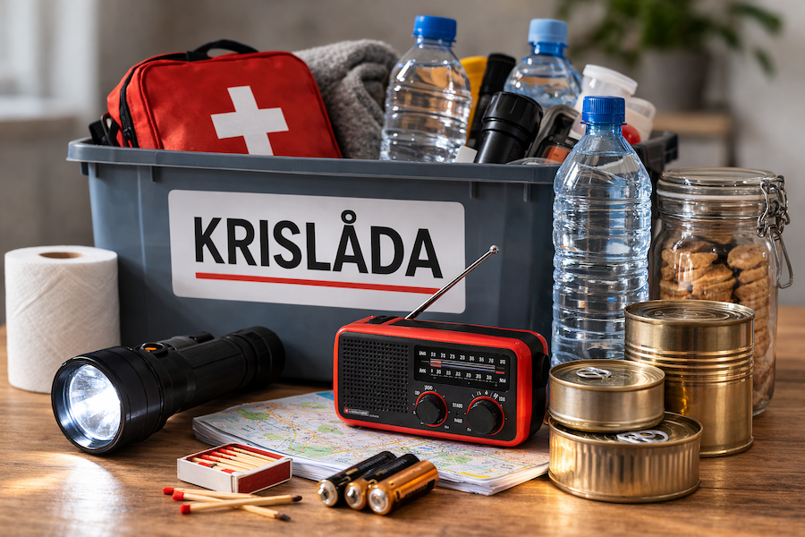 krislada-med-nodfornodenheter-ficklampa-radio-vatten-och-konserver-16×9 Krislåda med nödförnödenheter som ficklampa, radio, vattenflaskor, batterier och konserver på ett bord.